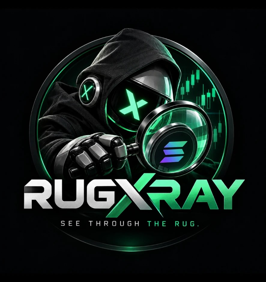 RugXray hooded analyst examining Solana activity with a magnifying glass